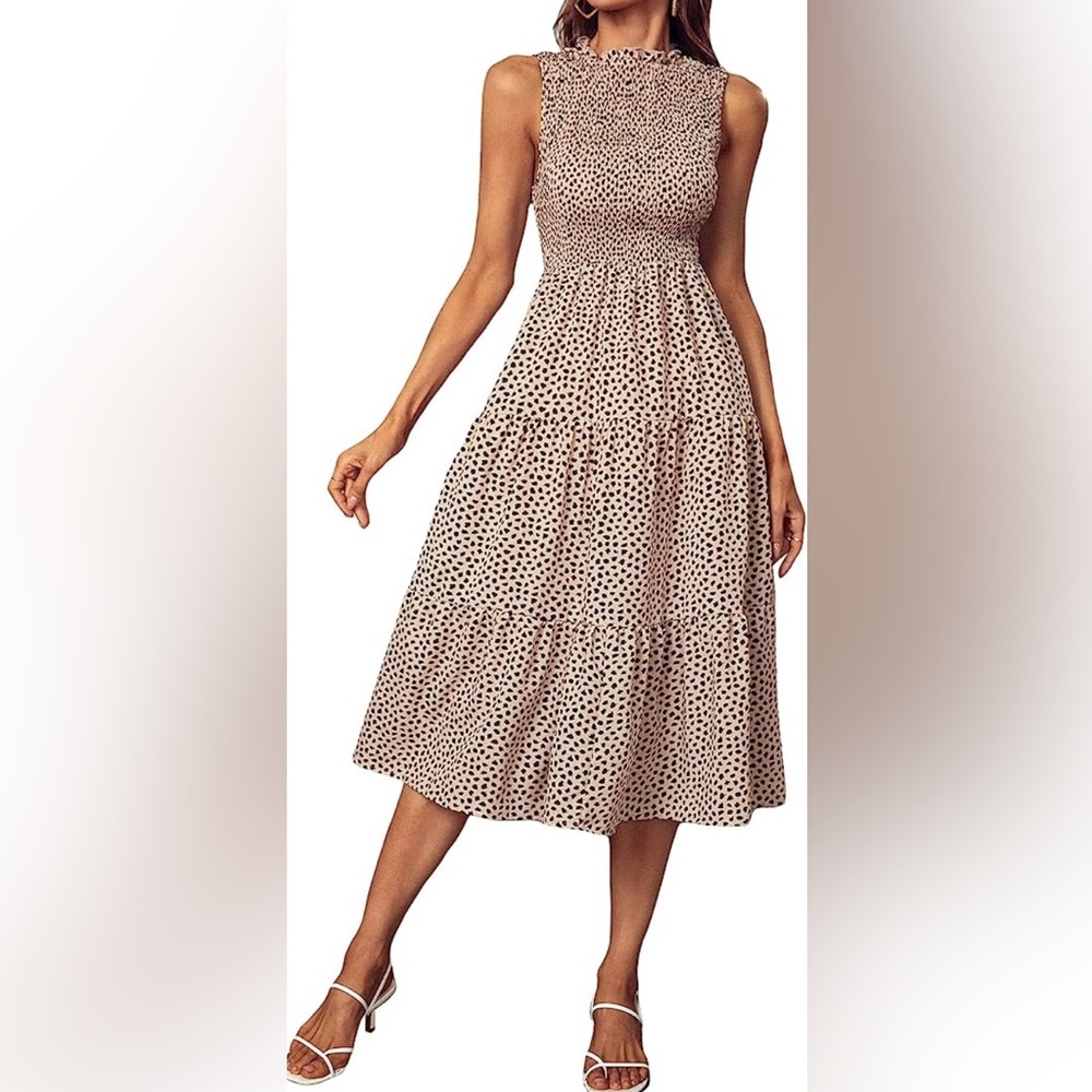 Women's Dalmatian Print Sleeveless High Neck Smocked Midi Dress - Size 1x